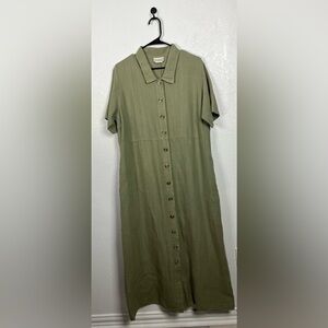 Vintage Kleen Women’s Olive Green Button-Down Max Shirt Dress Linen Collared XL
